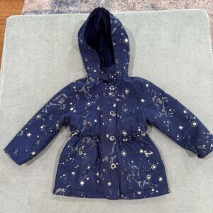 London Fog 3T Navy Blue EUC Fleece Lined Girls Raincoat Stars Unicorns